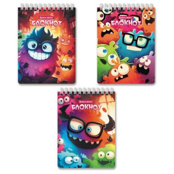 Блокнот МАЛЫЙ ФОРМАТ А6 97х145мм, 60л, гребень, картон, клетка, BRAUBERG МОНСТРИКИ, 116997 - Премиум Сервис
