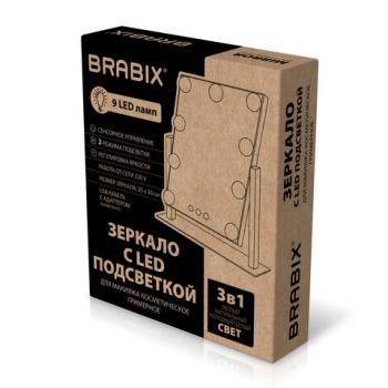 Зеркало для макияжа гримерное с подсветкой, 9 LED ламп, 3 режима свечения, размер 25х30 см, работа от сети 220V, цвет белый, BRABIX, 609335 - Премиум Сервис