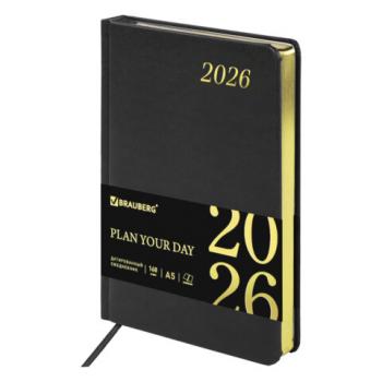 Ежедневник датированный 2026 А5 138x213мм BRAUBERG Iguana, под кожу, черный, 117054 - Премиум Сервис