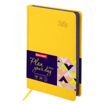 Ежедневник датированный 2026 А5 138x213мм BRAUBERG Rainbow, под кожу, желтый, 117082 - Премиум Сервис