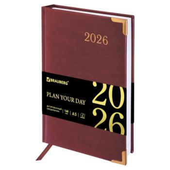 Ежедневник датированный 2026 А5 138x213мм BRAUBERG Senator, под кожу, коричневый, 117090 - Премиум Сервис