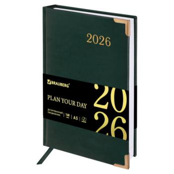 Ежедневник датированный 2026 А5 138x213мм BRAUBERG Senator, под кожу, зеленый, 117092 - Премиум Сервис