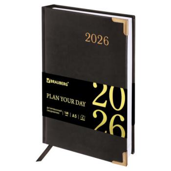 Ежедневник датированный 2026 А5 138x213мм BRAUBERG Senator, под кожу, черный, 117094 - Премиум Сервис