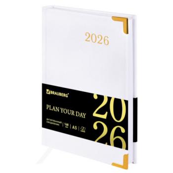 Ежедневник датированный 2026 А5 138x213мм BRAUBERG Senator, под кожу, белый, 117095 - Премиум Сервис