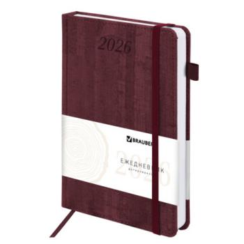 Ежедневник датированный 2026 А5 138x213мм BRAUBERG Wood, под кожу, держатель для ручки, бордо, 117107 - Премиум Сервис