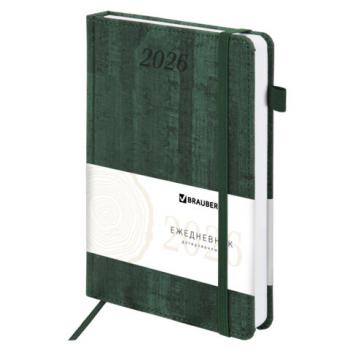 Ежедневник датированный 2026 А5 138x213мм BRAUBERG Wood, под кожу, держатель для ручки, зеленый, 117109 - Премиум Сервис