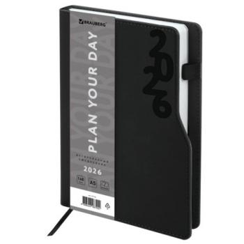 Ежедневник датированный 2026 А5 150x213мм BRAUBERG Up, под кожу софт-тач, держатель для ручки, черный, 117116 - Премиум Сервис