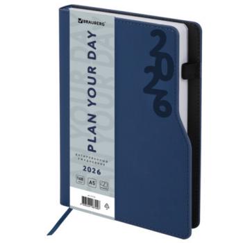 Ежедневник датированный 2026 А5 150x213мм BRAUBERG Up, под кожу софт-тач, держатель для ручки, синий, 117118 - Премиум Сервис