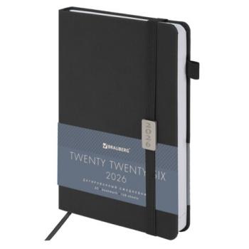 Ежедневник датированный 2026 А5 138x213мм BRAUBERG Control, под кожу, держатель для ручки, черный, 117126 - Премиум Сервис
