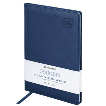 Еженедельник датированный 2026 БОЛЬШОЙ ФОРМАТ 210х297мм А4 BRAUBERG Favorite, под кожу, синий, 117151 - Премиум Сервис