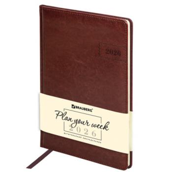 Еженедельник датированный 2026 БОЛЬШОЙ ФОРМАТ 210х297мм А4 BRAUBERG Imperial, под кожу, коричневый, 117156 - Премиум Сервис