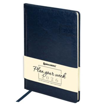 Еженедельник датированный 2026 БОЛЬШОЙ ФОРМАТ 210х297мм А4 BRAUBERG Imperial, под кожу, синий, 117157 - Премиум Сервис
