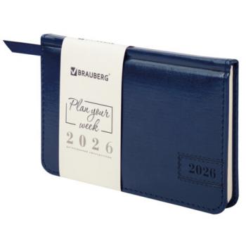 Еженедельник датированный 2026 МАЛЫЙ ФОРМАТ 95х155мм А6 BRAUBERG Imperial, под кожу, синий, 117187 - Премиум Сервис
