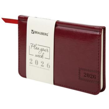Еженедельник датированный 2026 МАЛЫЙ ФОРМАТ 95х155мм А6 BRAUBERG Imperial, под кожу, бордо, 117188 - Премиум Сервис