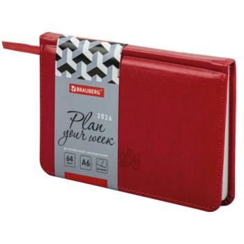 Еженедельник датированный 2026 МАЛЫЙ ФОРМАТ 95х155мм А6 BRAUBERG Rainbow, под кожу, красный, 117190 - Премиум Сервис