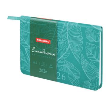 Еженедельник датированный 2026 МАЛЫЙ ФОРМАТ 95х155мм А6 BRAUBERG Foliage, под кожу, бирюза, 117197 - Премиум Сервис