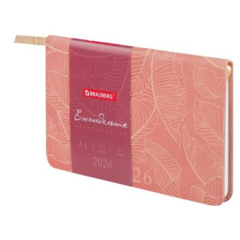 Еженедельник датированный 2026 МАЛЫЙ ФОРМАТ 95х155мм А6 BRAUBERG Foliage, под кожу, розовый, 117199 - Премиум Сервис