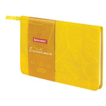 Еженедельник датированный 2026 МАЛЫЙ ФОРМАТ 95х155мм А6 BRAUBERG Foliage, под кожу, желтый, 117200 - Премиум Сервис
