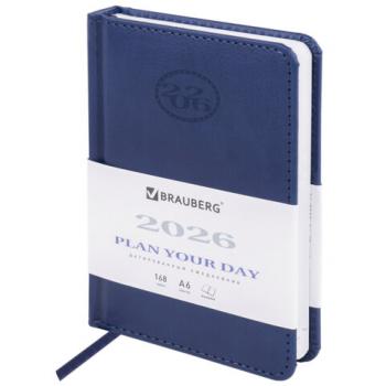 Ежедневник датированный 2026 МАЛЫЙ ФОРМАТ 100х150мм А6, BRAUBERG Favorite, под кожу, синий, 117250 - Премиум Сервис