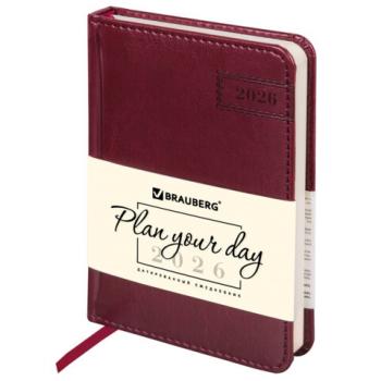Ежедневник датированный 2026 МАЛЫЙ ФОРМАТ 100х150мм А6, BRAUBERG Imperial, под кожу, бордо, 117254 - Премиум Сервис