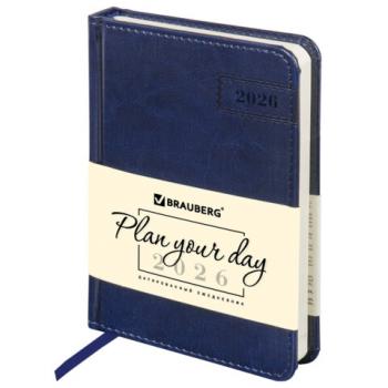 Ежедневник датированный 2026 МАЛЫЙ ФОРМАТ 100х150мм А6, BRAUBERG Imperial, под кожу, синий, 117255 - Премиум Сервис