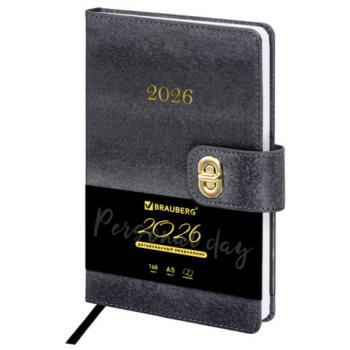 Ежедневник датированный 2026 А5 138х213мм BRAUBERG Elegant, под кожу, застежка, черный, 117368 - Премиум Сервис