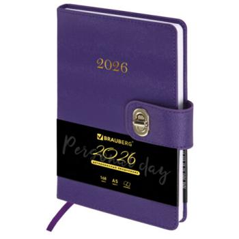 Ежедневник датированный 2026 А5 138х213мм BRAUBERG Elegant, под кожу, застежка, фиолетовый, 117370 - Премиум Сервис