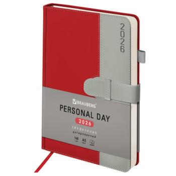 Ежедневник датированный 2026 А5 138х213мм BRAUBERG Esthetic,под кожу, держатель для ручки, застежка, красный/серый, 117371 - Премиум Сервис