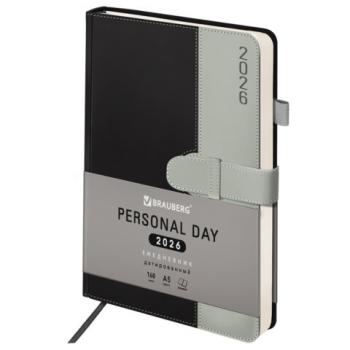 Ежедневник датированный 2026 А5 138х213мм BRAUBERG Esthetic,под кожу, держатель для ручки, застежка, черный/серый, 117372 - Премиум Сервис