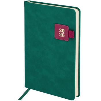 Ежедневник датированный 2026 А5 138х213мм BRAUBERG Accent под кожу, держатель, зеленый/бордо, 117387 - Премиум Сервис