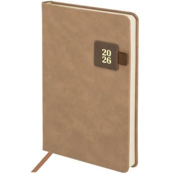 Ежедневник датированный 2026 А5 138х213мм BRAUBERG Accent под кожу, держатель, беж/коричневый 117388 - Премиум Сервис
