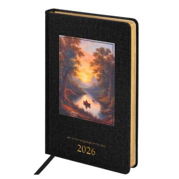 Ежедневник датированный 2026 А5 138х213мм BRAUBERG ArtGallery, под кожу, нашивка, черный, 117405 - Премиум Сервис