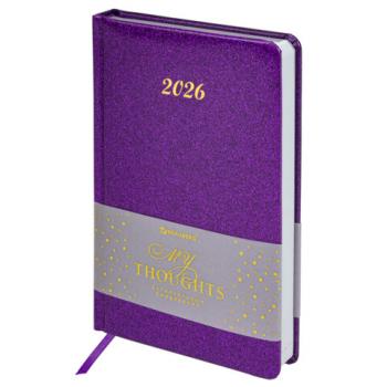 Ежедневник датированный 2026 А5 138x213мм BRAUBERG Sparkle, под кожу, блестки, фиолетовый, 117438 - Премиум Сервис