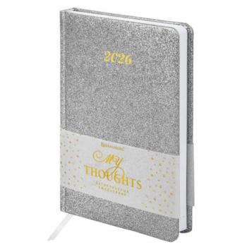 Ежедневник датированный 2026 А5 138x213мм BRAUBERG Sparkle, под кожу, блестки, серебристый, 117440 - Премиум Сервис