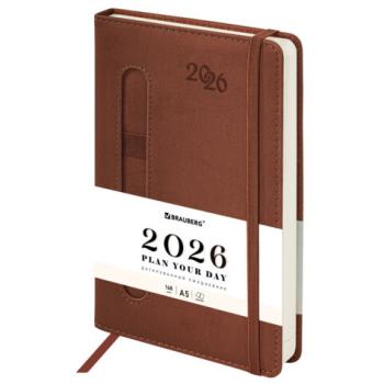 Ежедневник датированный 2026 А5 138x213мм BRAUBERG Optimal, под кожу, резинка, держатель для ручки, коричневый, 117468 - Премиум Сервис