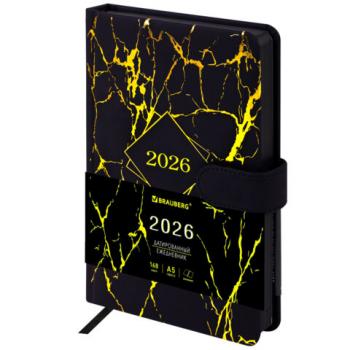 Ежедневник датированный 2026 А5 138x213мм BRAUBERG Goldy, под кожу, цветной срез, черный, 117470 - Премиум Сервис
