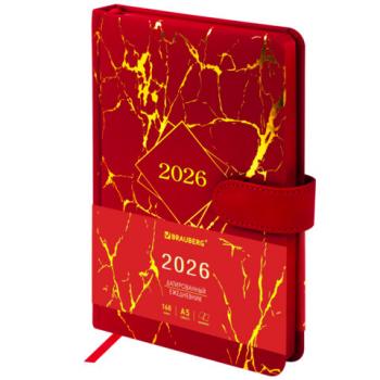 Ежедневник датированный 2026 А5 138x213мм BRAUBERG Goldy, под кожу, цветной срез, красный, 117471 - Премиум Сервис