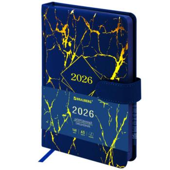 Ежедневник датированный 2026 А5 138x213мм BRAUBERG Goldy, под кожу, цветной срез, синий, 117472 - Премиум Сервис