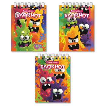 Блокнот МАЛЫЙ ФОРМАТ А7 75х105мм, 40л, гребень, картон, клетка, BRAUBERG МОНСТРИКИ, 116998 - Премиум Сервис