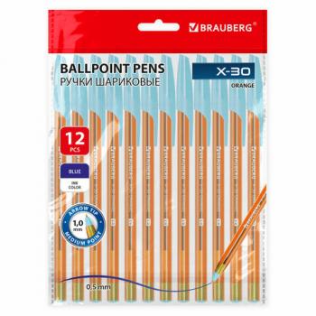 Ручки шариковые BRAUBERG X-30 ORANGE, КОМПЛЕКТ 12 шт., СИНИЕ, пишущий узел 1 мм, линия письма 0,5 мм, 144334 - Премиум Сервис