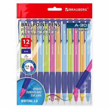 Ручки шариковые автоматические BRAUBERG A-30 COLOR MIX "WRITING 3.0", КОМПЛЕКТ 12 ШТ., СИНИЕ, узел 0,5 мм, линия 0,25 мм, 144342 - Премиум Сервис