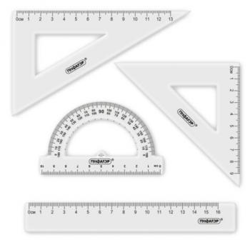 Набор чертежный ПИФАГОР (линейка 16 см, 2 треугольника, транспортир), прозрачный, европодвес, 210850 - Премиум Сервис