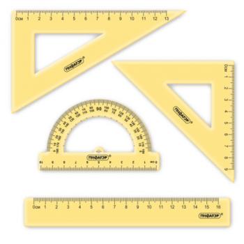 Набор чертежный ПИФАГОР (линейка 16 см, 2 треугольника, транспортир), неоновый, прозрачный, ассорти, 210851 - Премиум Сервис