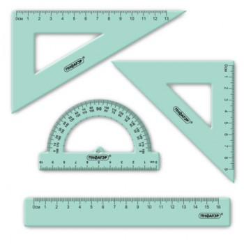 Набор чертежный ПИФАГОР (линейка 16см, 2 треугольника, транспортир), прозрачный, пастельные цвета, ассорти, 210855 - Премиум Сервис