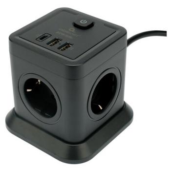Сетевой фильтр CABLEXPERT Tower, 4 розетки, 10А, 1xType-C PD, 20Вт, 2хUSB, 2м, черный, TWR-4-CU2-B-2 - Премиум Сервис