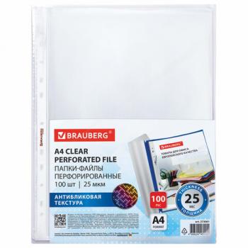 Папки-файлы перфорированные с антибликовой текстурой А4 BRAUBERG PIXEL, КОМПЛЕКТ 100 шт., 25 мкм, 273001 - Премиум Сервис