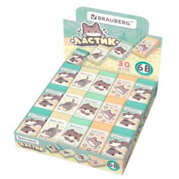 Ластик BRAUBERG CUTE CATS, 50х24х10 мм, прямоугольный, цвет ластика ассорти, эко-пвх, картонный держатель, 273227 - Премиум Сервис