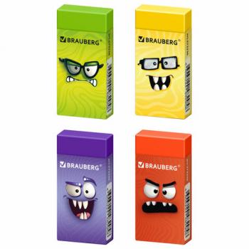 Ластик BRAUBERG CUTE MONSTERS, 50х24х10 мм, прямоугольный, цвета ластика ассорти, эко-пвх, картонный держатель, 273236 - Премиум Сервис