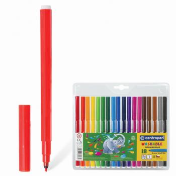 Фломастеры 18 ЦВЕТОВ CENTROPEN "Washable", смываемые, вентилируемый колпачок, 7790/18TP, 777901885 - Премиум Сервис