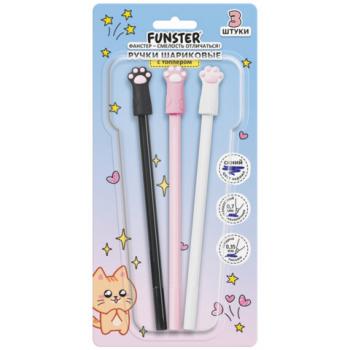 Ручки с топпером шариковые FUNSTER "CAT PAWS", НАБОР 3 ШТУКИ, СИНИЕ, пишущий узел 0,7 мм, линия письма 0,35 мм, 144375 - Премиум Сервис